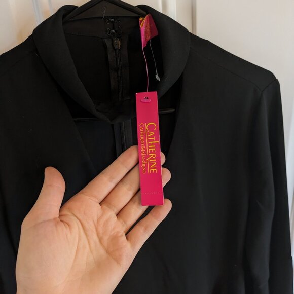 Catherine Malandrino Flowy Black High Neck V-Neck Blouse Bell Sleeves Peplum Sm - Picture 3 of 9